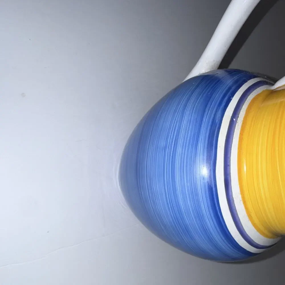 Dansk Stoneware Creamer, Striped Blue Yellow White, Portugal, DW/MW Safe